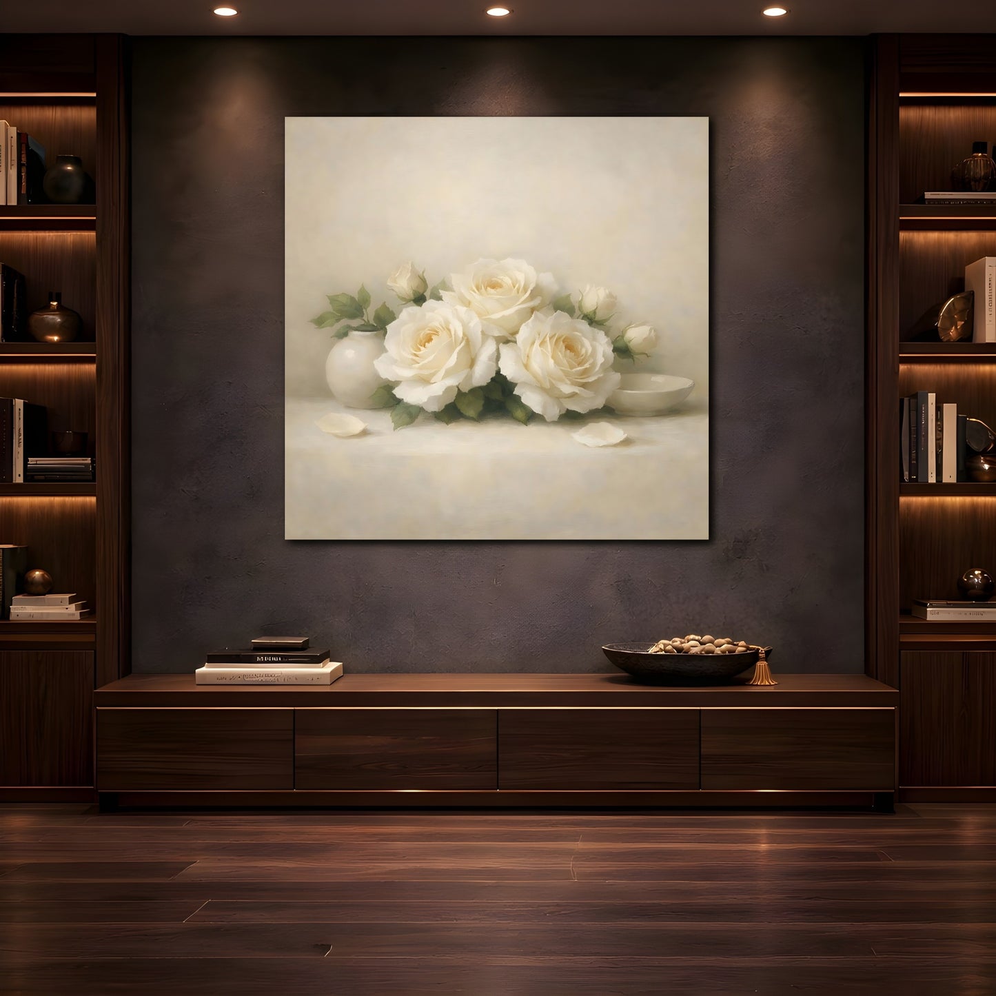 Mockup 4. Floral White Roses White Roses shown as stretched canvas wall art