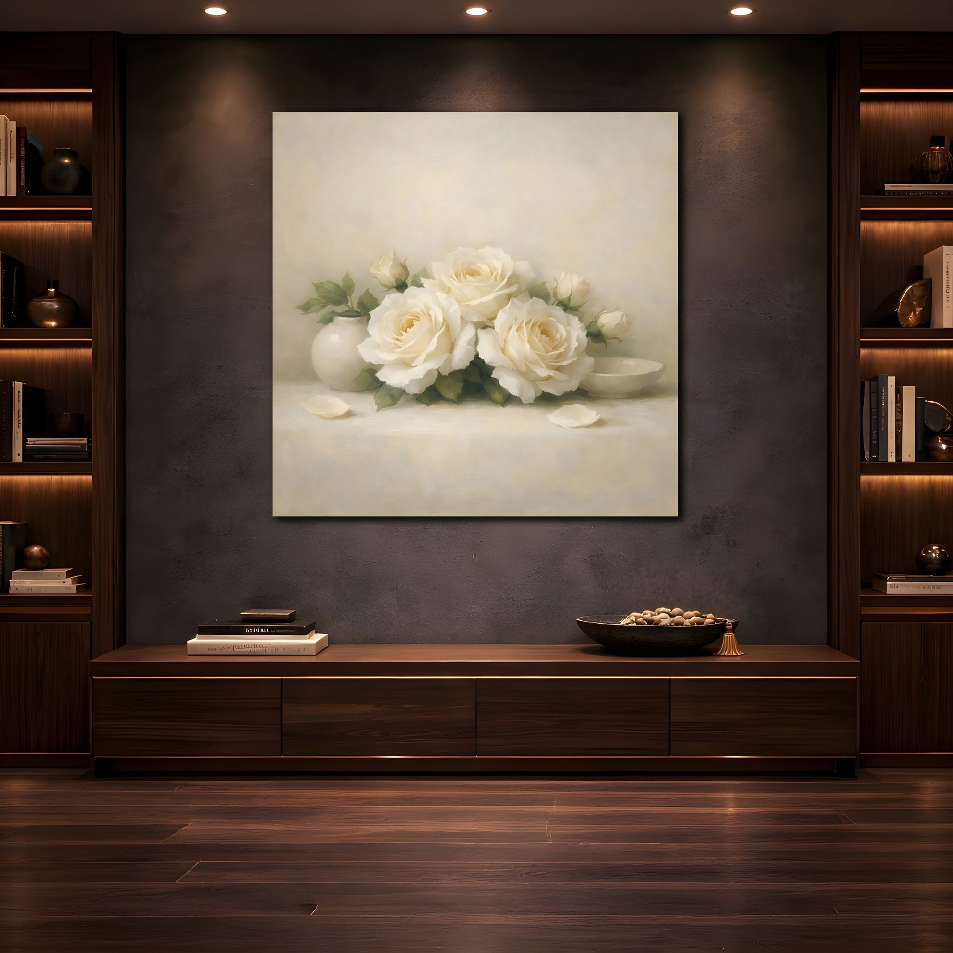 Mockup 4. Floral White Roses White Roses shown as stretched canvas wall art