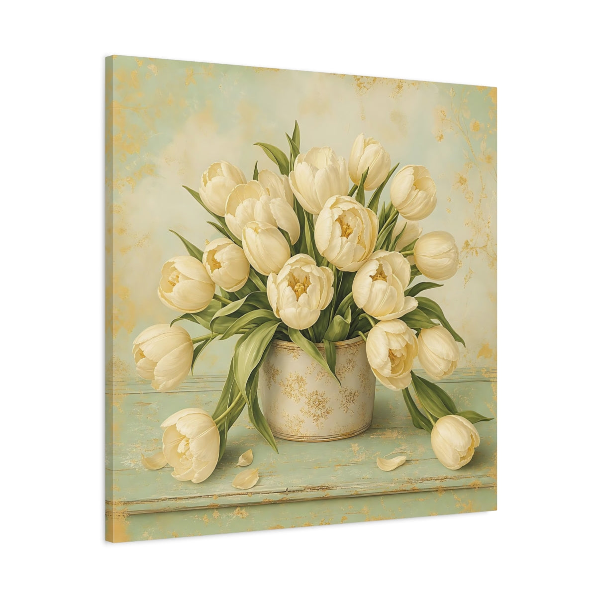 Side Mockup 3. Floral White Tulips White Gold Floral shown as stretched canvas wall art