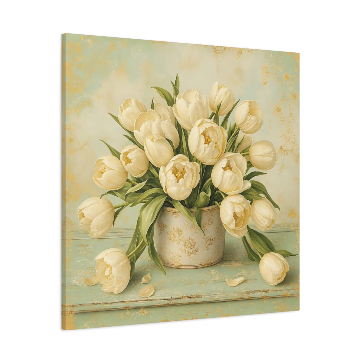 Side Mockup 1. Floral White Tulips White Gold Floral shown as stretched canvas wall art