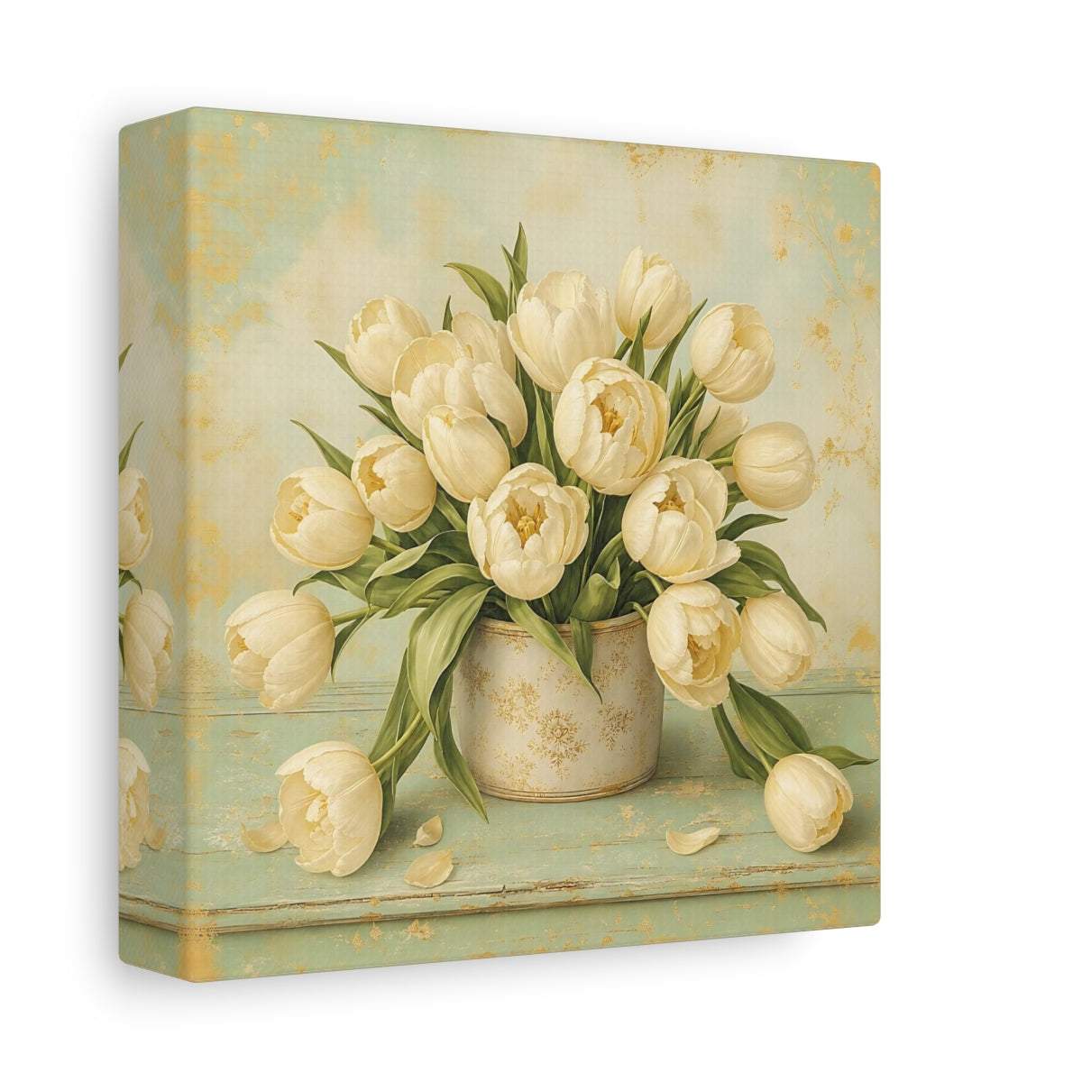 Side Mockup 2. Floral White Tulips White Gold Floral shown as stretched canvas wall art