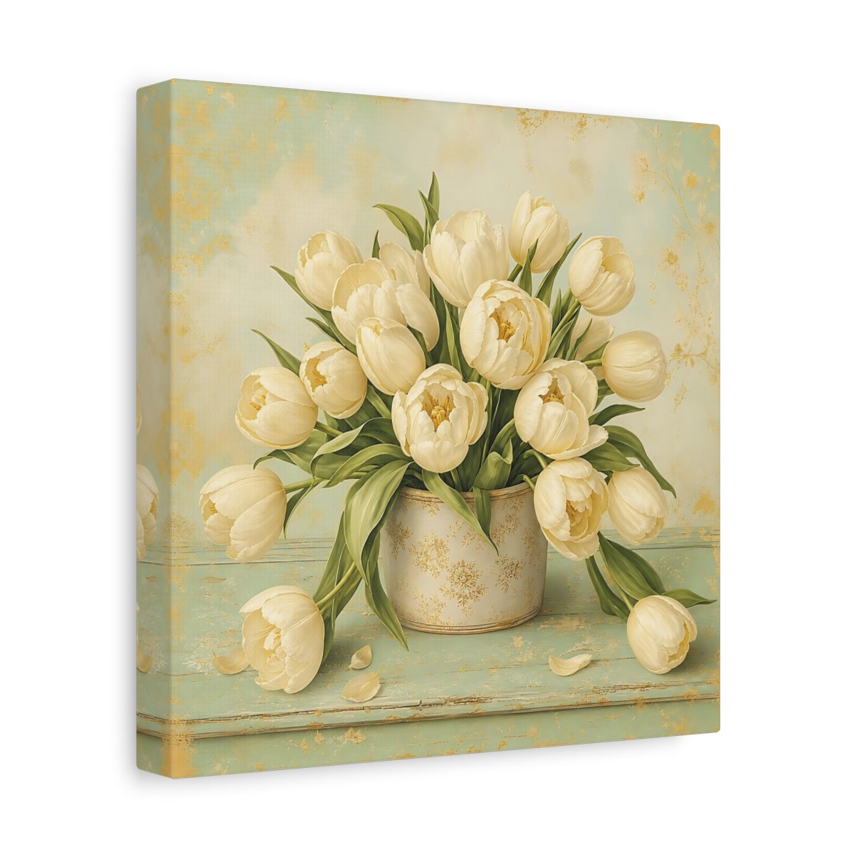 Side Mockup 9. Floral White Tulips White Gold Floral shown as stretched canvas wall art