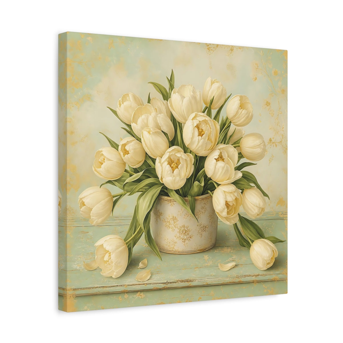 Side Mockup 6. Floral White Tulips White Gold Floral shown as stretched canvas wall art