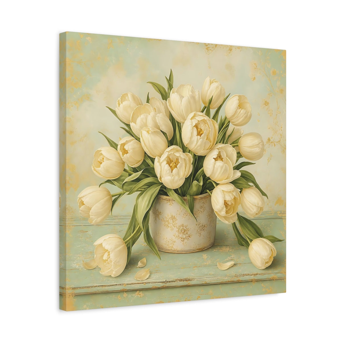 Side Mockup 5. Floral White Tulips White Gold Floral shown as stretched canvas wall art