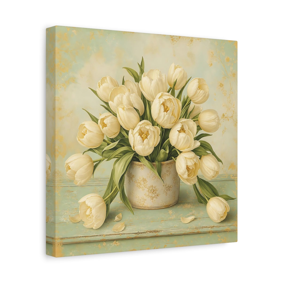 Side Mockup 8. Floral White Tulips White Gold Floral shown as stretched canvas wall art