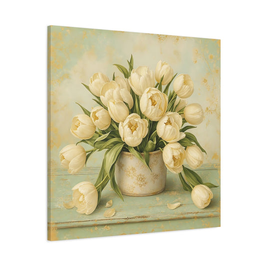 Main Mockup. Floral White Tulips White Gold Floral shown as stretched canvas wall art