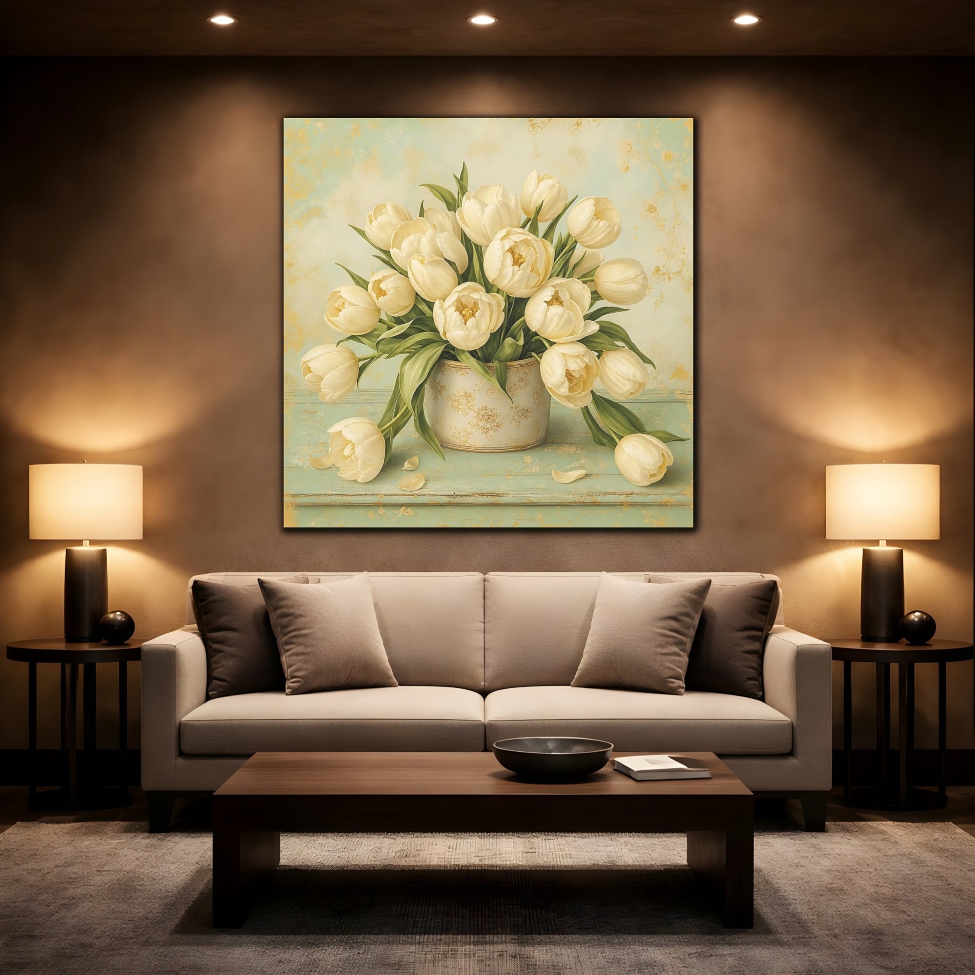 Mockup 2. Floral White Tulips White Gold Floral shown as stretched canvas wall art