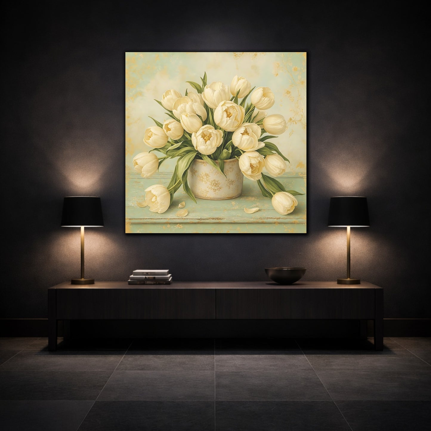 Mockup 3. Floral White Tulips White Gold Floral shown as stretched canvas wall art