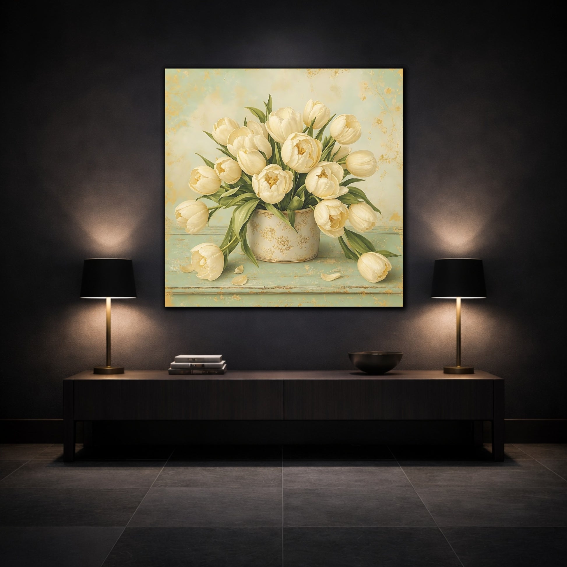 Mockup 3. Floral White Tulips White Gold Floral shown as stretched canvas wall art