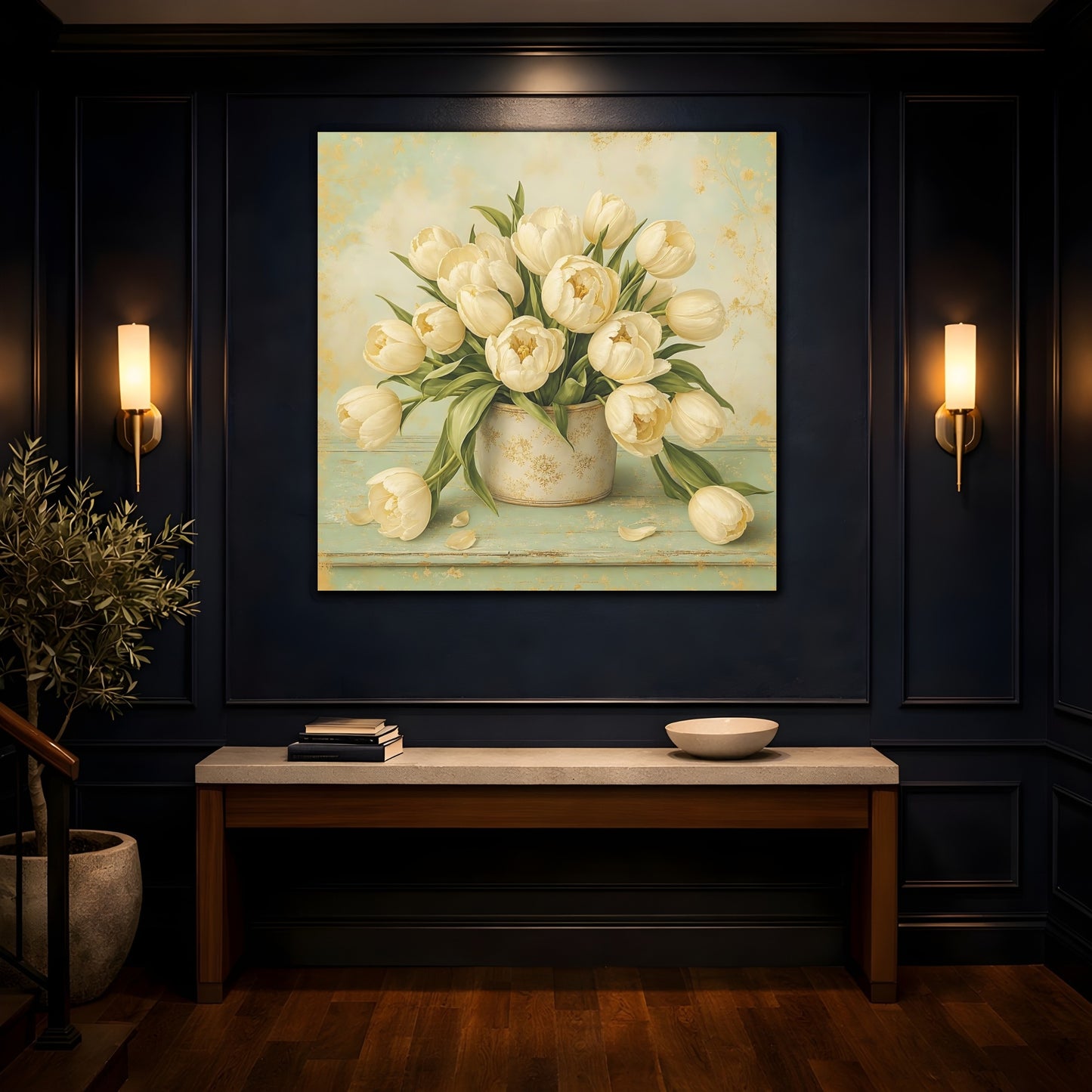 Mockup 4. Floral White Tulips White Gold Floral shown as stretched canvas wall art