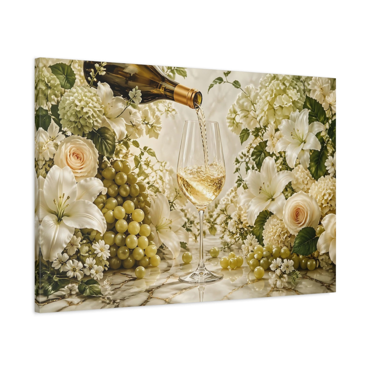 Main Mockup. Floral White Wine Elegant Still Life shown as stretched canvas wall art