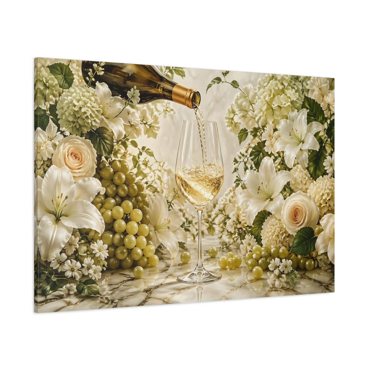 Side Mockup 1. Floral White Wine Elegant Still Life shown as stretched canvas wall art
