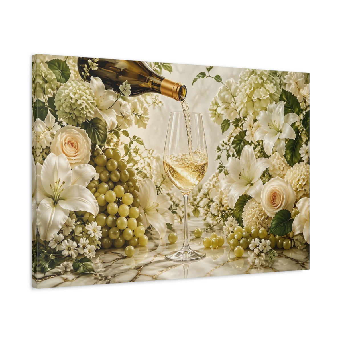 Side Mockup 2. Floral White Wine Elegant Still Life shown as stretched canvas wall art