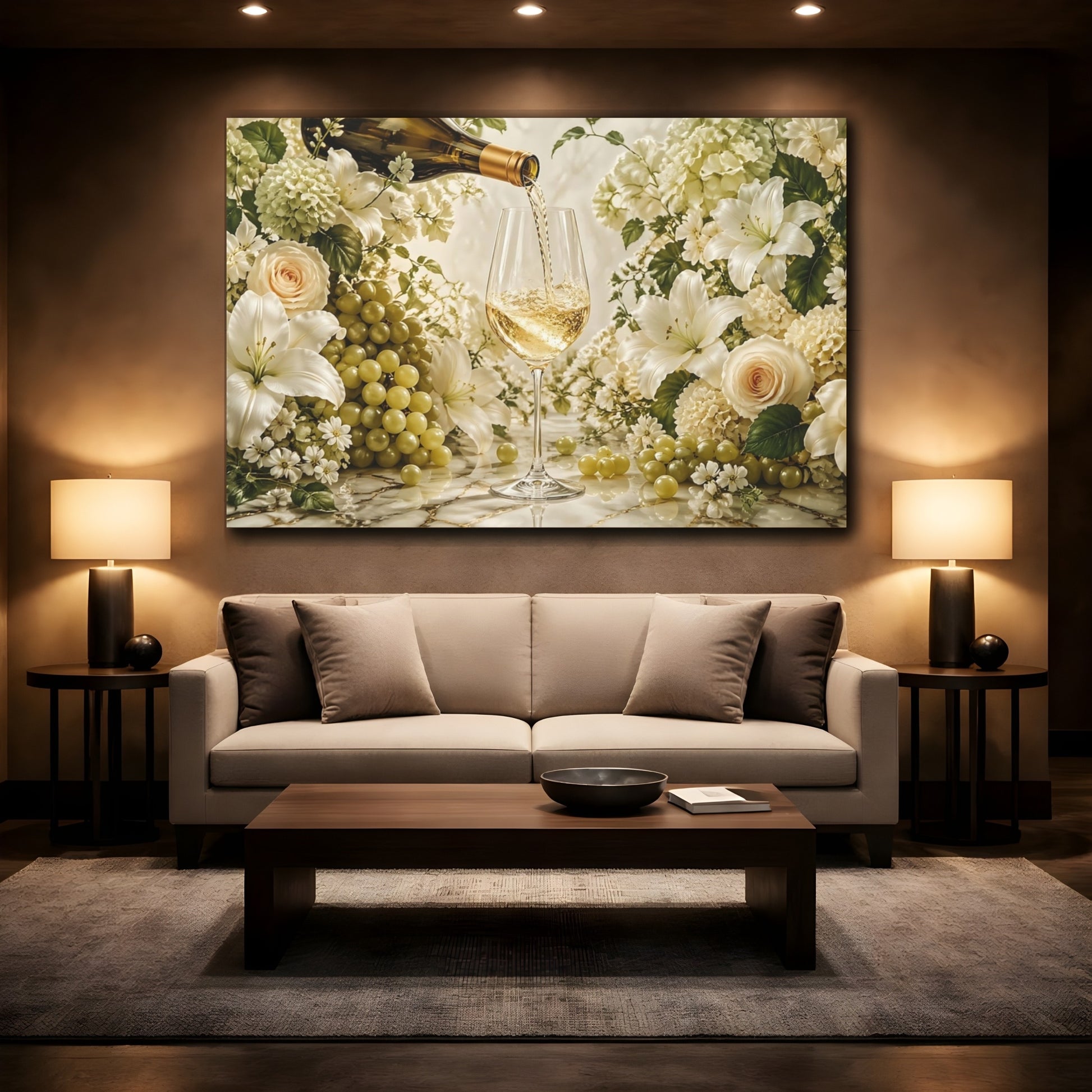 Mockup 2. Floral White Wine Elegant Still Life shown as stretched canvas wall art