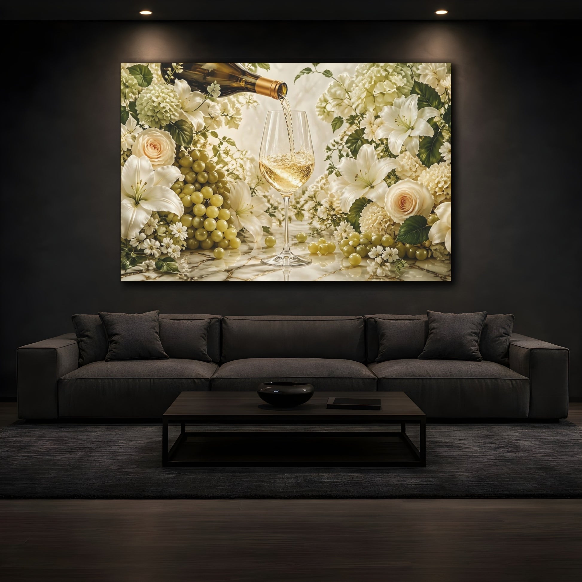 Mockup 3. Floral White Wine Elegant Still Life shown as stretched canvas wall art