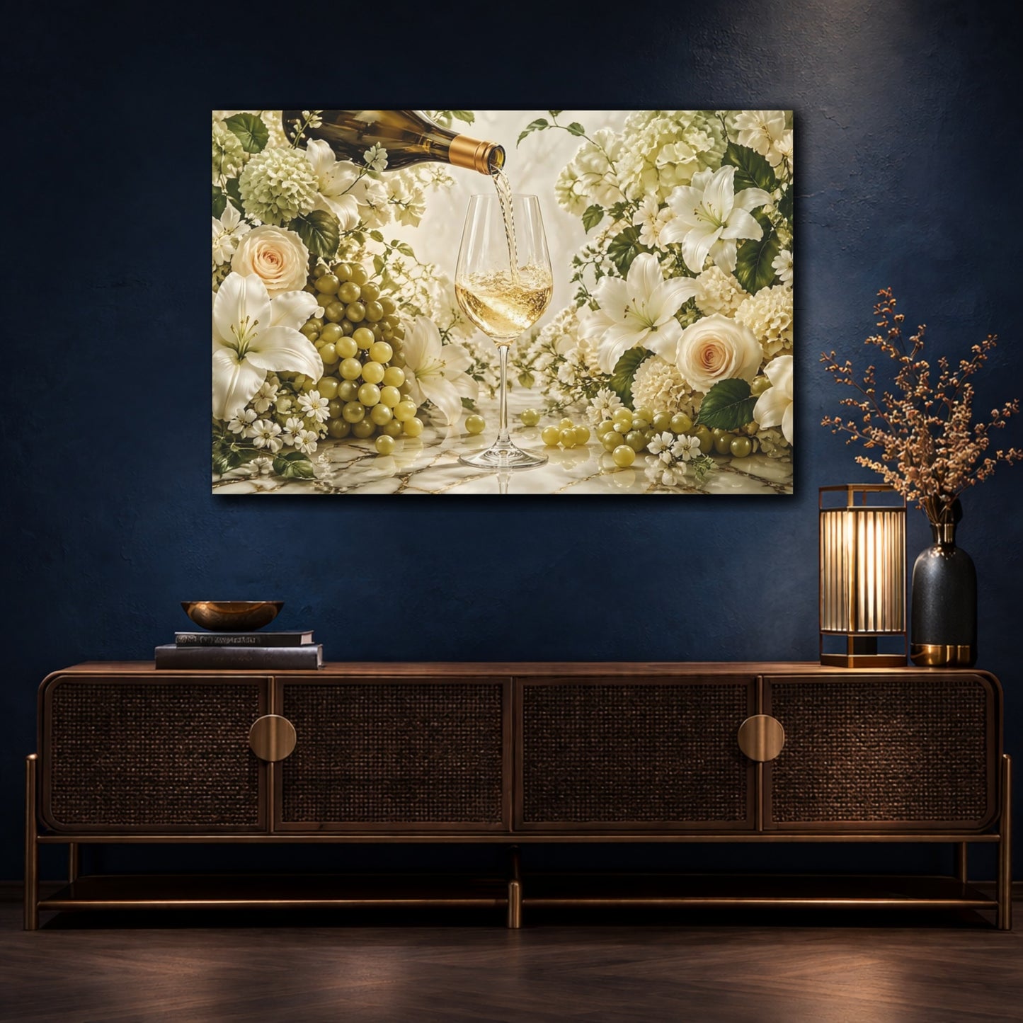 Mockup 4. Floral White Wine Elegant Still Life shown as stretched canvas wall art