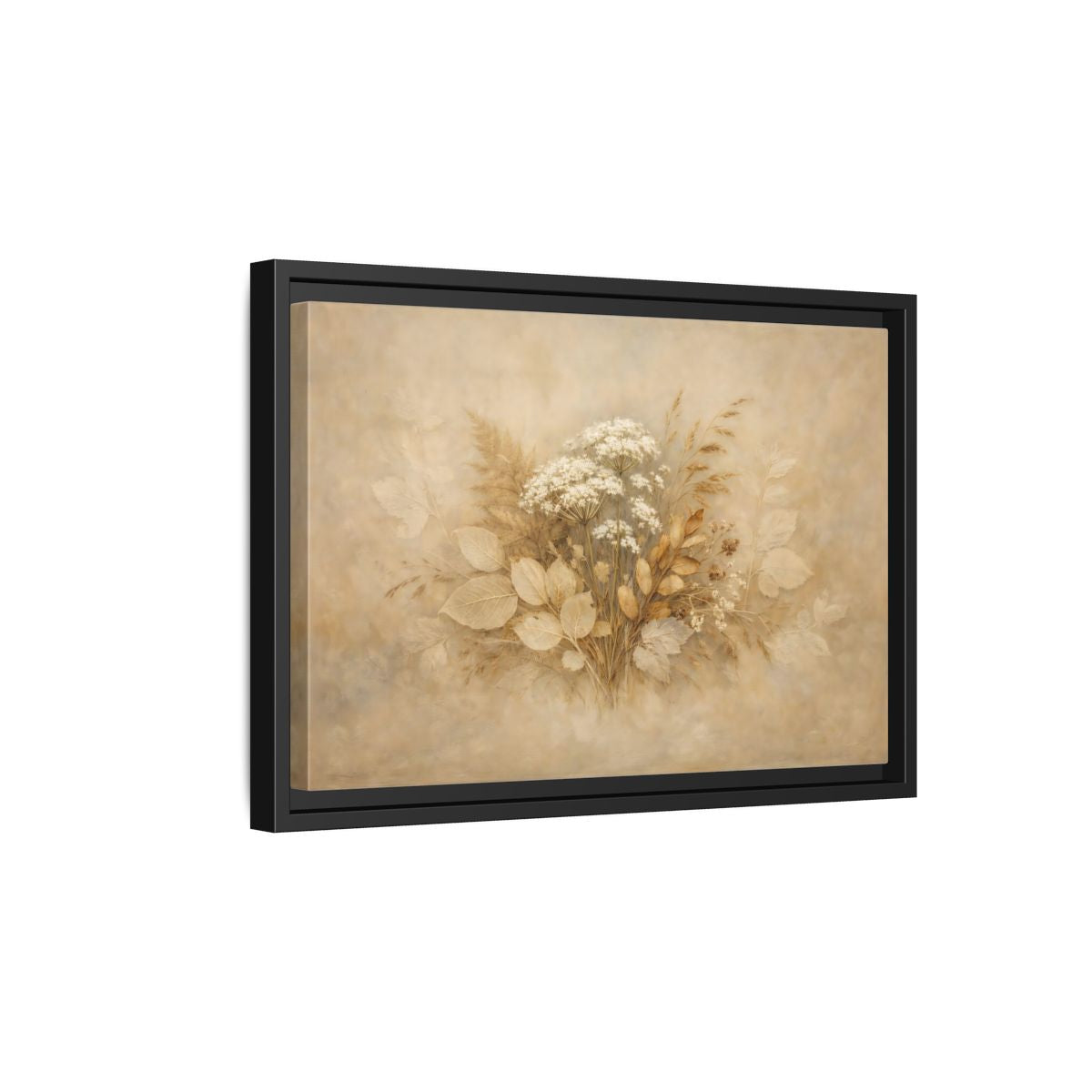 Side Mockup 6. Floral Wild Flowers Beige Botanical shown as stretched canvas wall art
