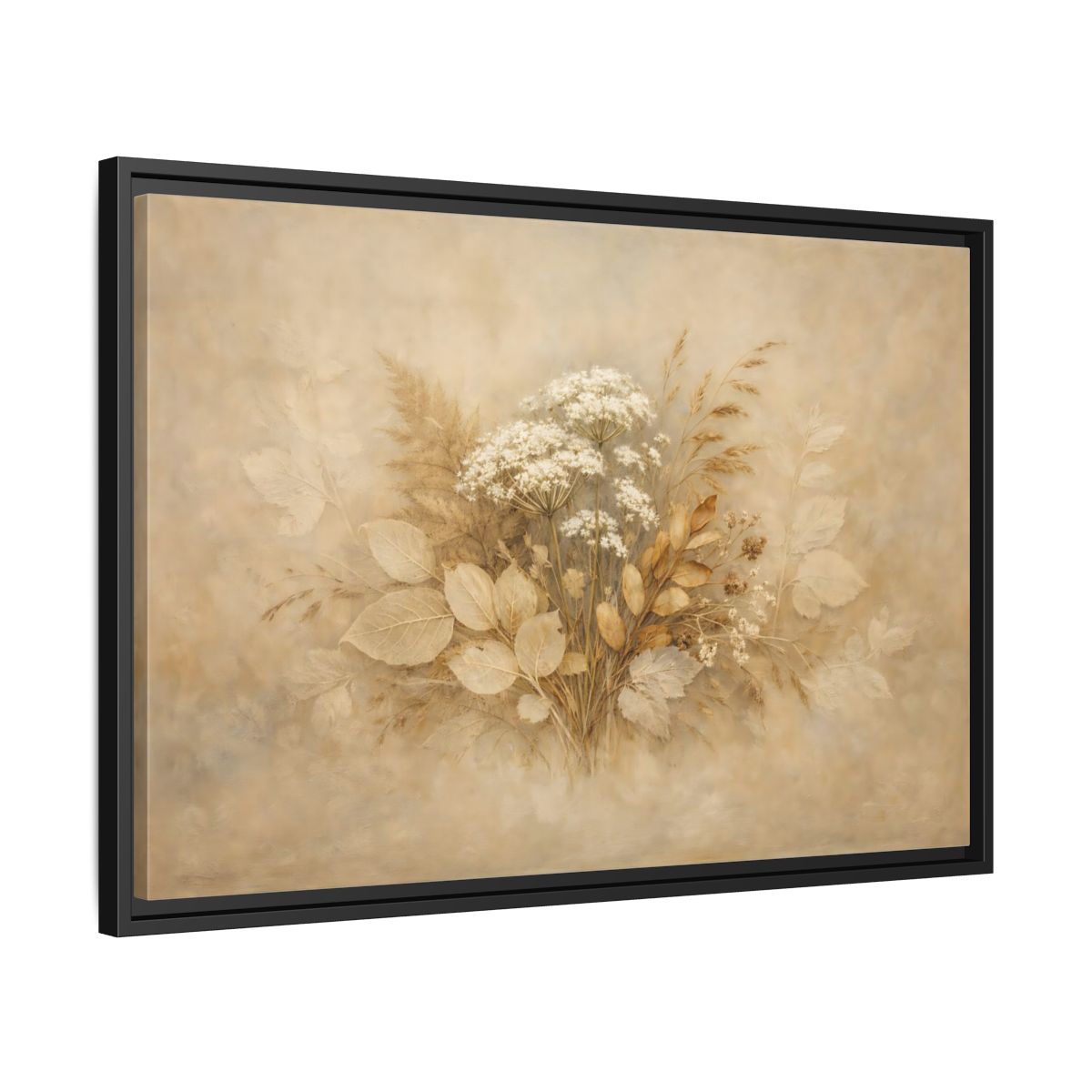 Side Mockup 14. Floral Wild Flowers Beige Botanical shown as stretched canvas wall art