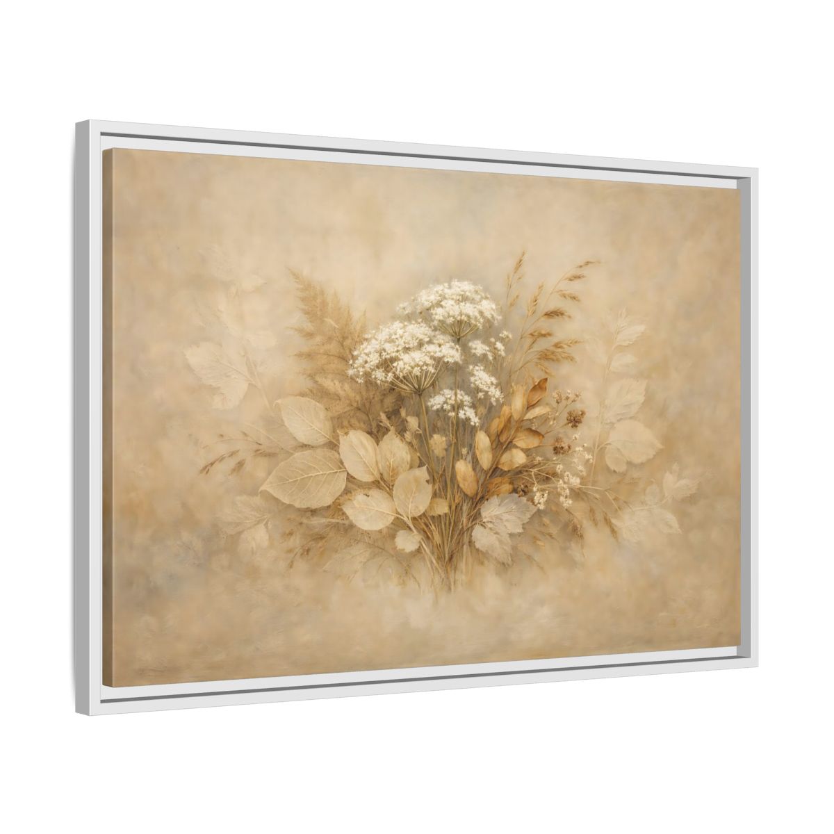 Side Mockup 10. Floral Wild Flowers Beige Botanical shown as stretched canvas wall art