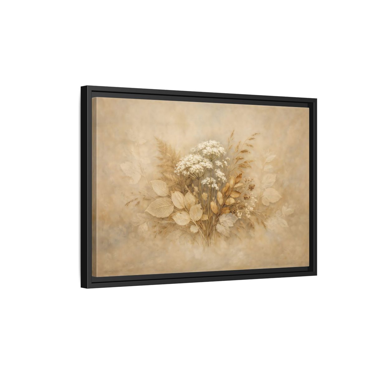 Side Mockup 3. Floral Wild Flowers Beige Botanical shown as stretched canvas wall art
