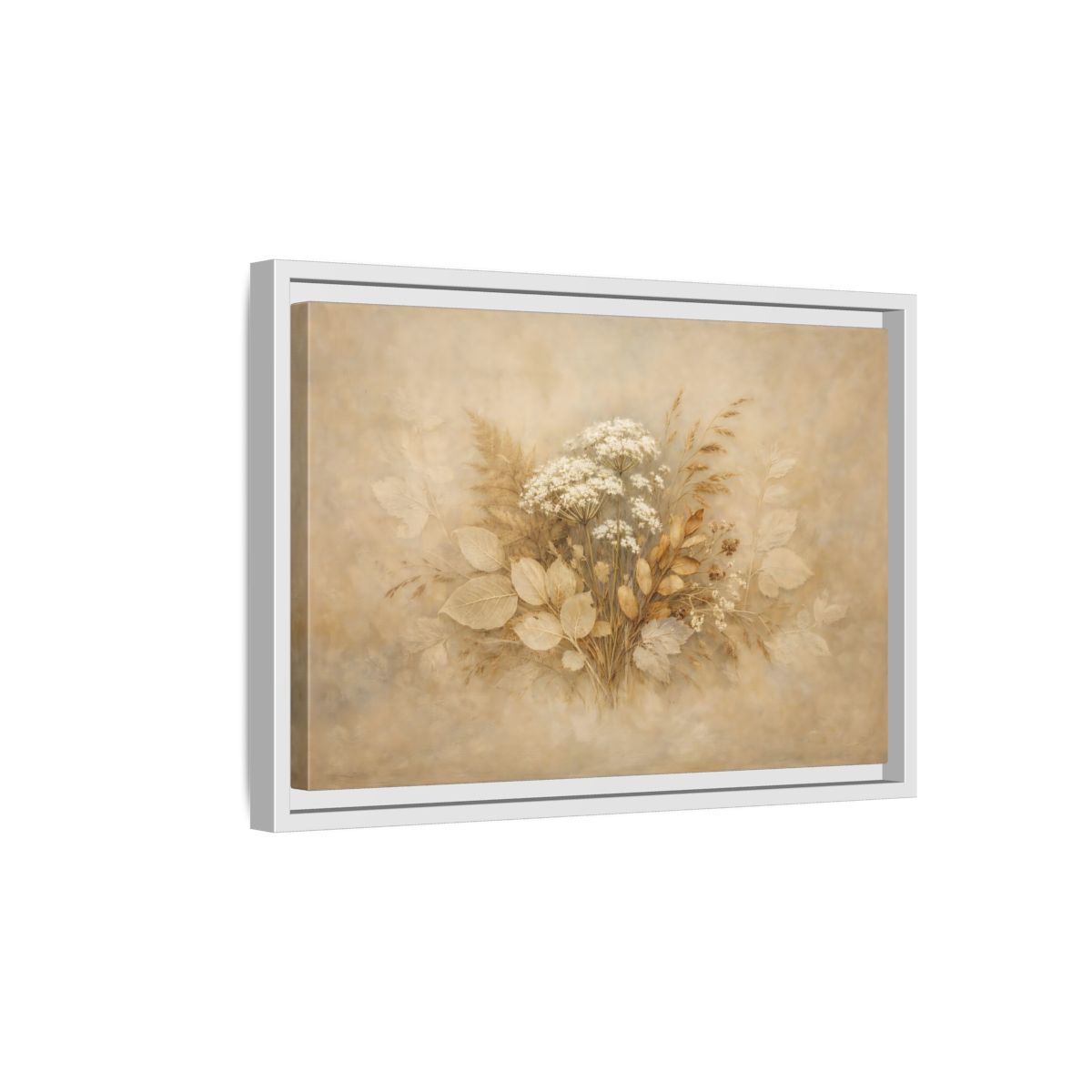 Side Mockup 4. Floral Wild Flowers Beige Botanical shown as stretched canvas wall art