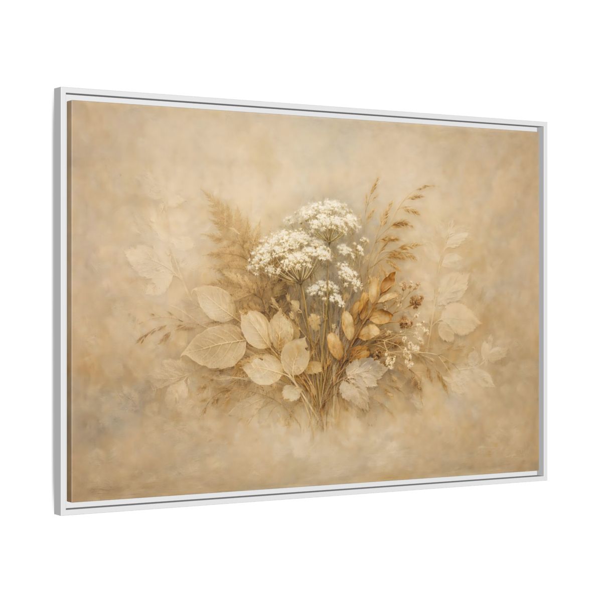 Side Mockup 7. Floral Wild Flowers Beige Botanical shown as stretched canvas wall art