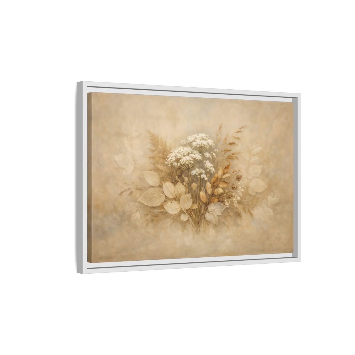 Side Mockup 1. Floral Wild Flowers Beige Botanical shown as stretched canvas wall art