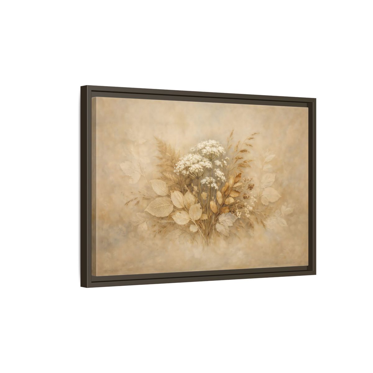 Side Mockup 2. Floral Wild Flowers Beige Botanical shown as stretched canvas wall art