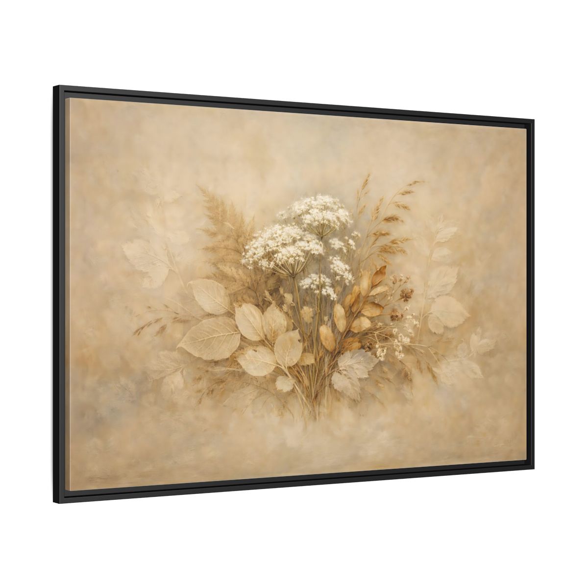 Side Mockup 12. Floral Wild Flowers Beige Botanical shown as stretched canvas wall art