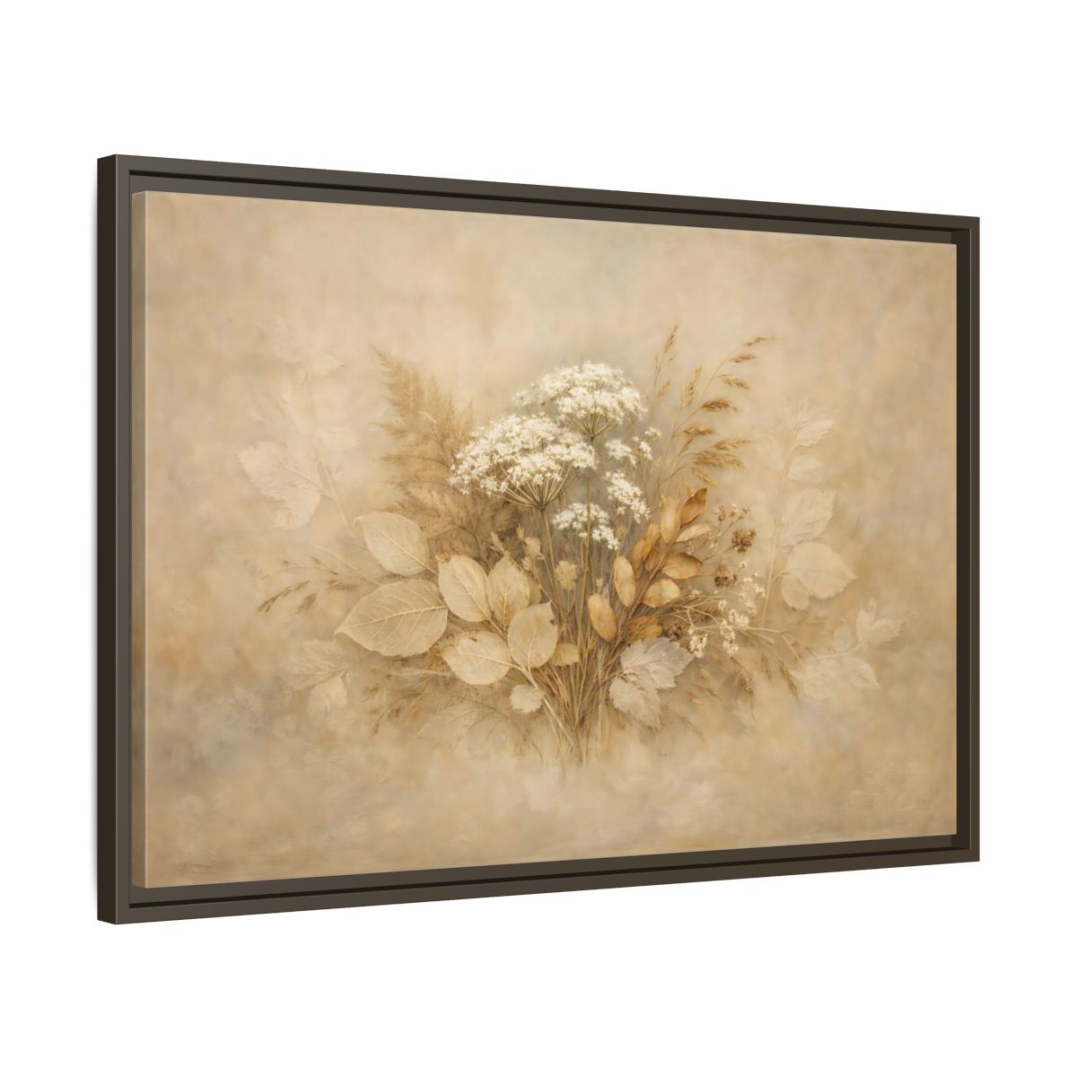 Side Mockup 11. Floral Wild Flowers Beige Botanical shown as stretched canvas wall art