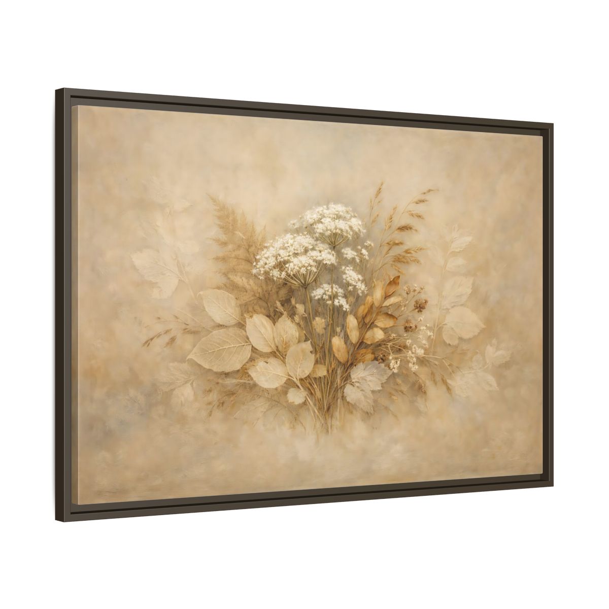 Side Mockup 9. Floral Wild Flowers Beige Botanical shown as stretched canvas wall art