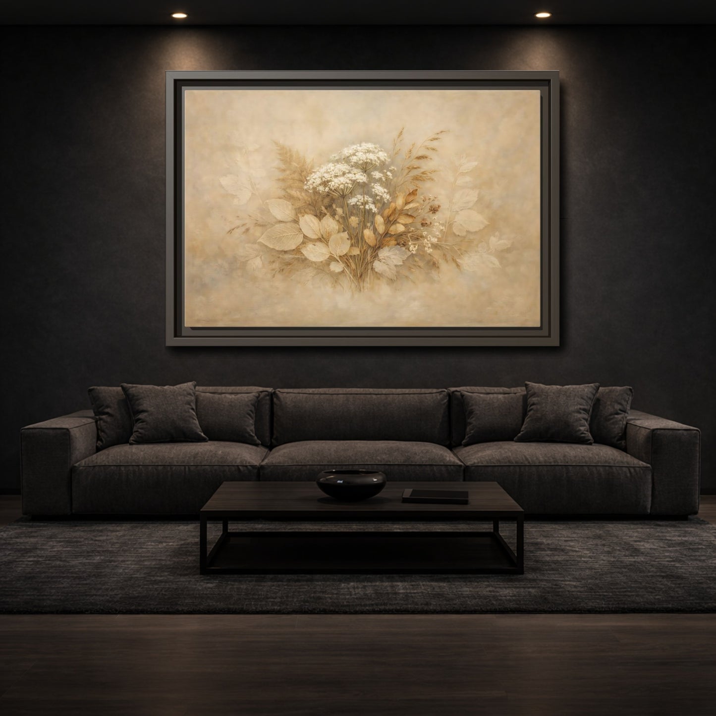 Mockup 2. Floral Wild Flowers Beige Botanical shown as stretched canvas wall art