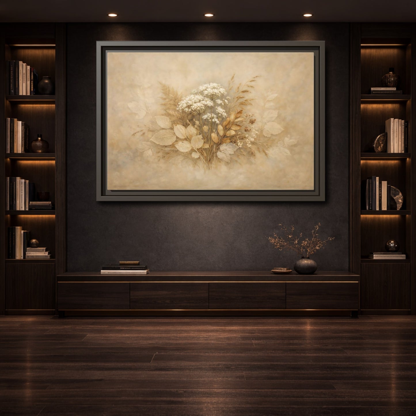 Mockup 3. Floral Wild Flowers Beige Botanical shown as stretched canvas wall art