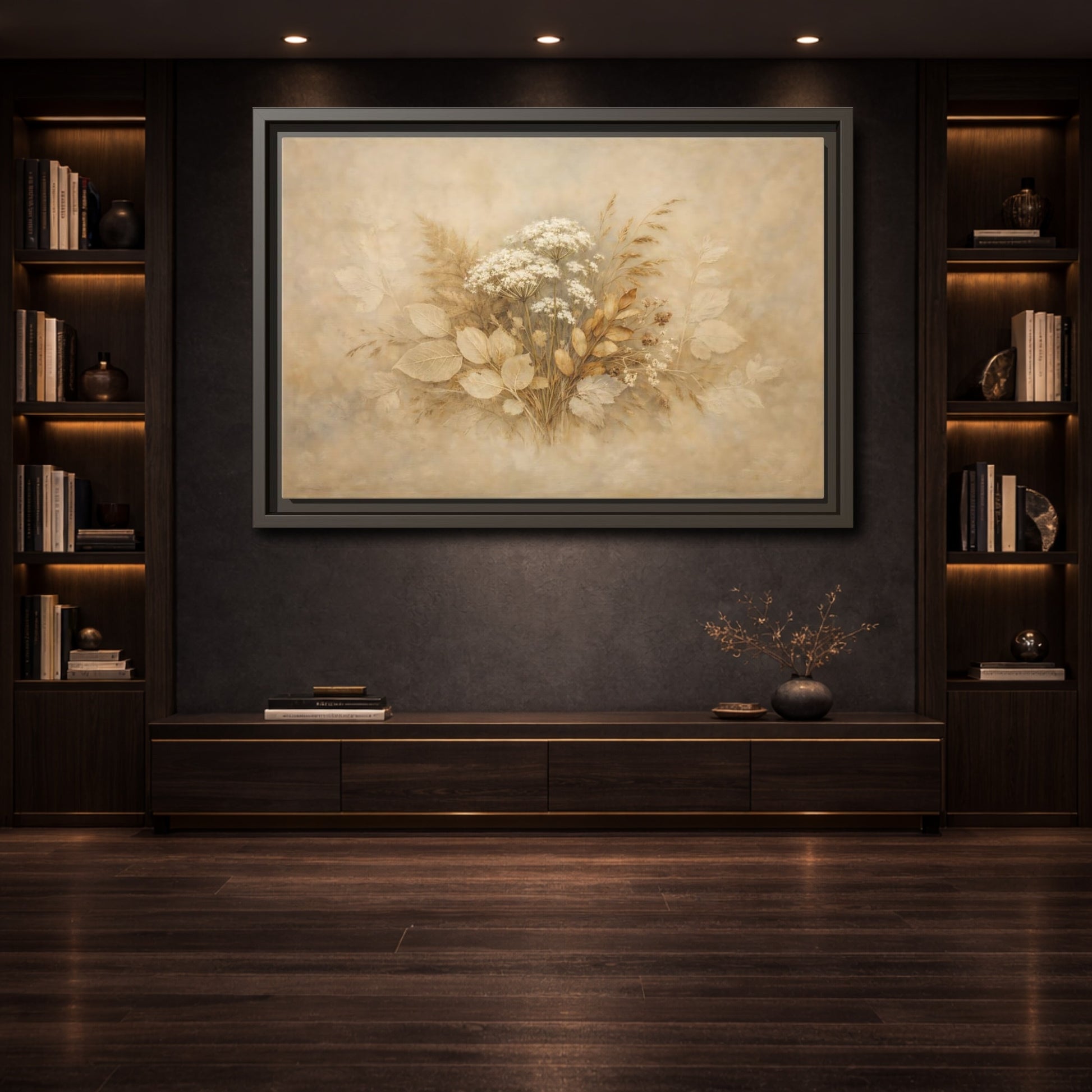 Mockup 3. Floral Wild Flowers Beige Botanical shown as stretched canvas wall art