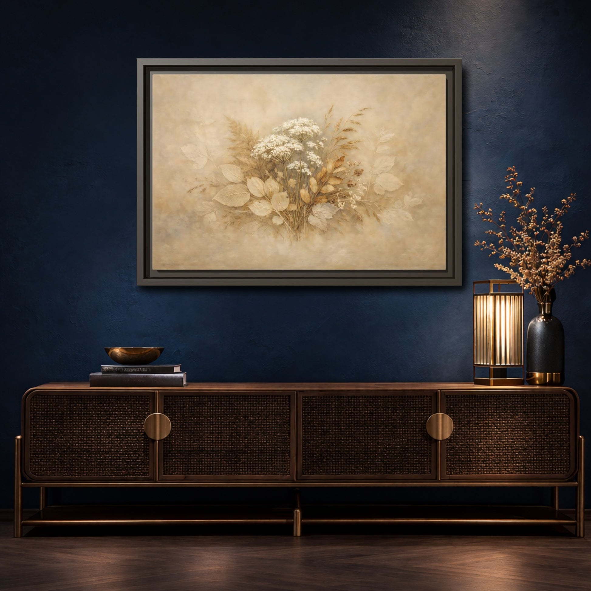 Mockup 4. Floral Wild Flowers Beige Botanical shown as stretched canvas wall art