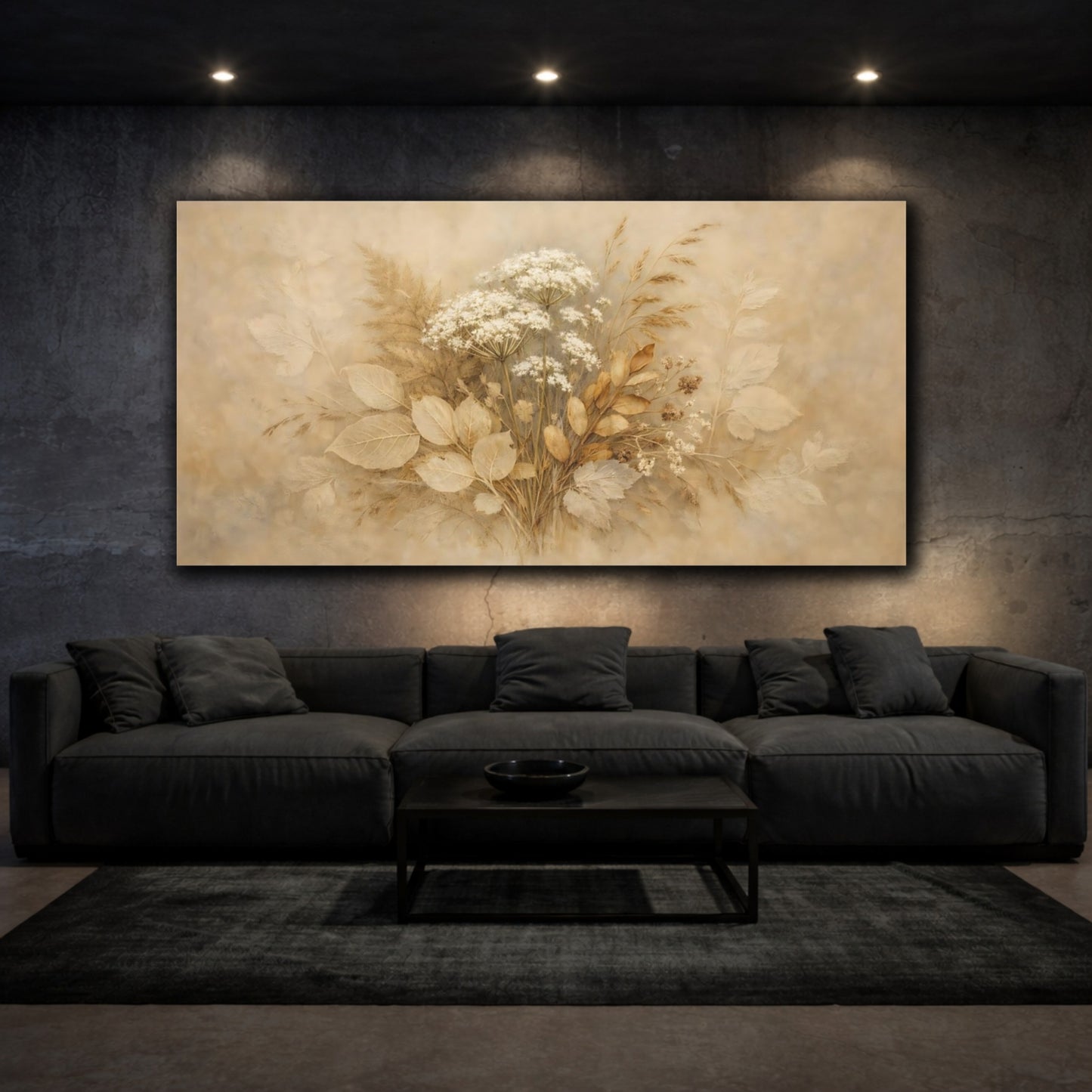 Mockup 2. Floral Wildflower Bouquet Brown And Beige shown as stretched canvas wall art