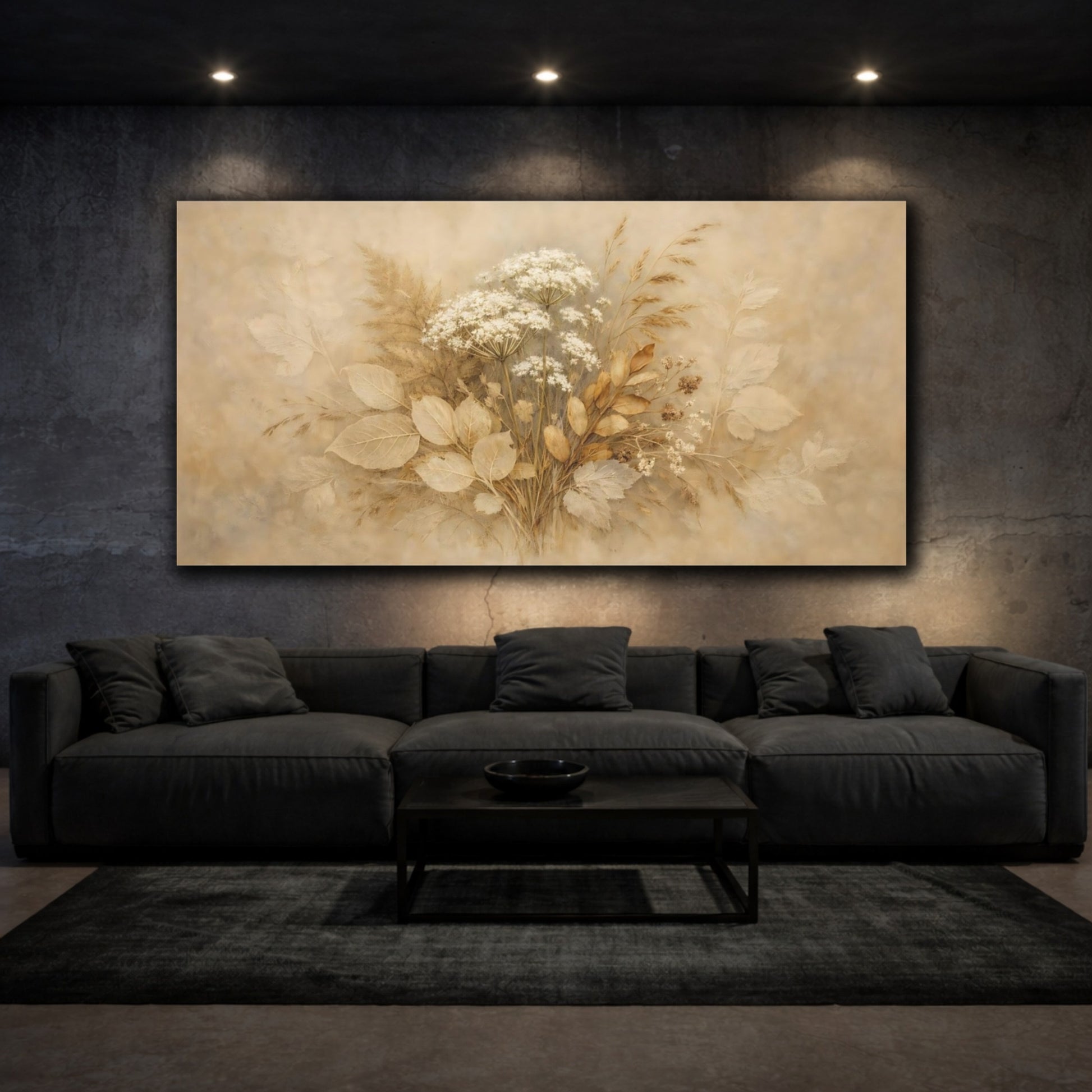 Mockup 2. Floral Wildflower Bouquet Brown And Beige shown as stretched canvas wall art