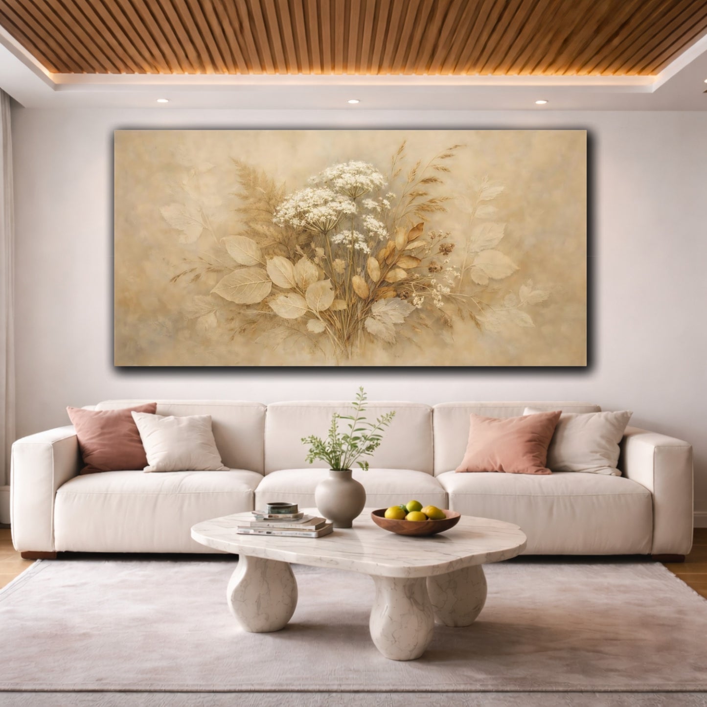 Mockup 3. Floral Wildflower Bouquet Brown And Beige shown as stretched canvas wall art