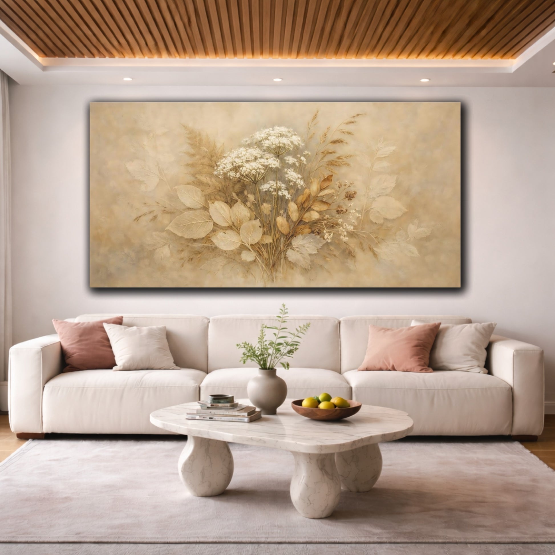 Mockup 3. Floral Wildflower Bouquet Brown And Beige shown as stretched canvas wall art