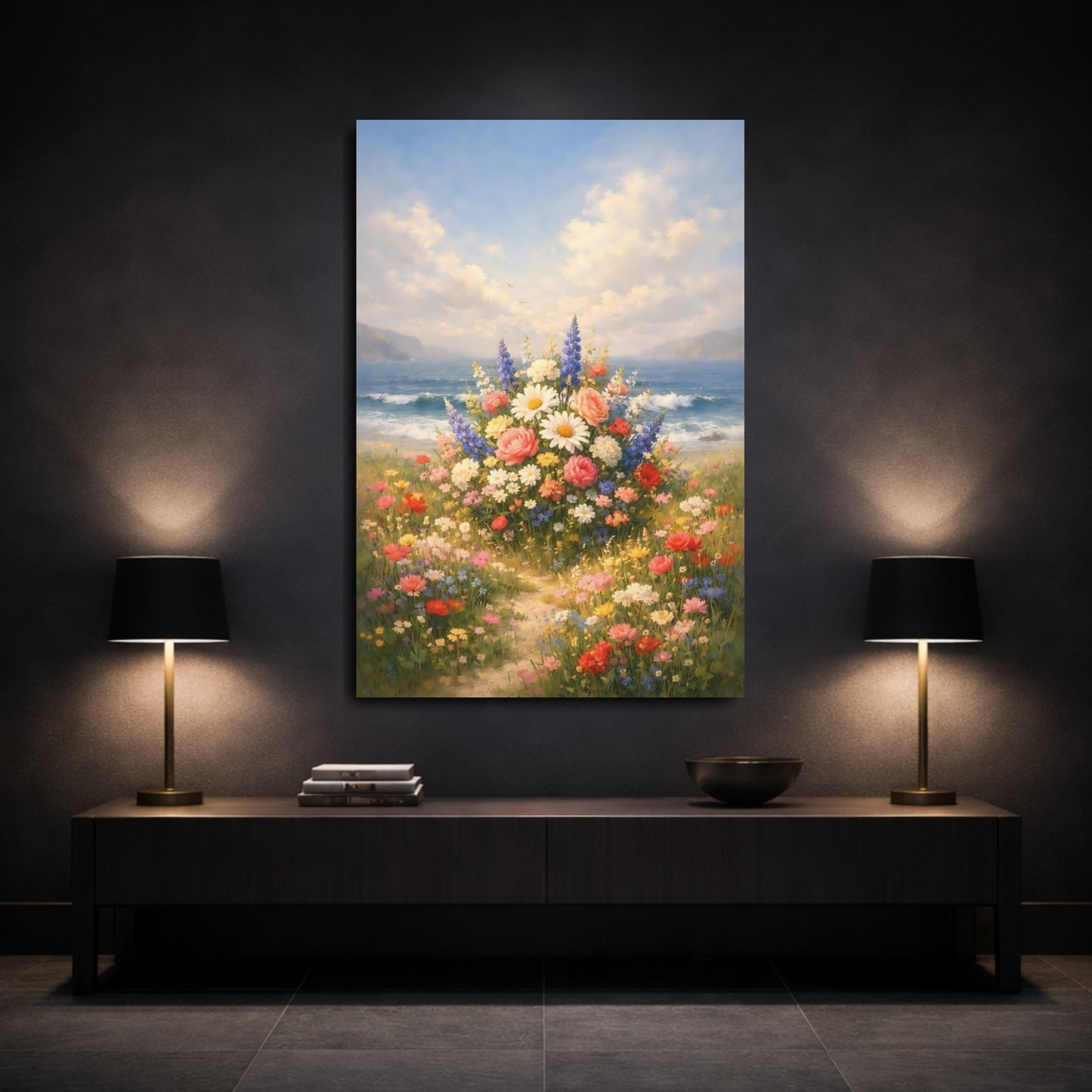 Mockup 2. Floral Wildflower Bouquet Colorful Coastal Floral shown as stretched canvas wall art