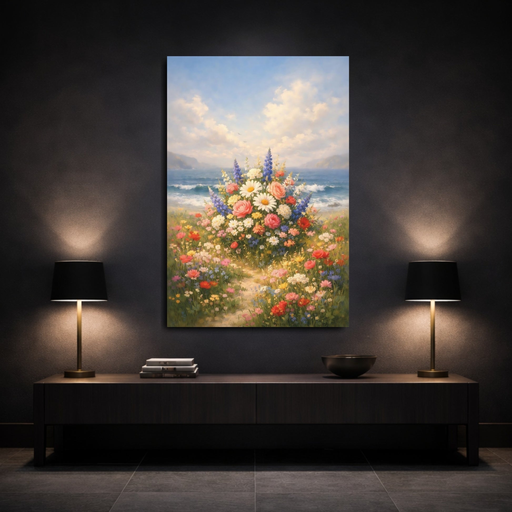 Mockup 2. Floral Wildflower Bouquet Colorful Coastal Floral shown as stretched canvas wall art