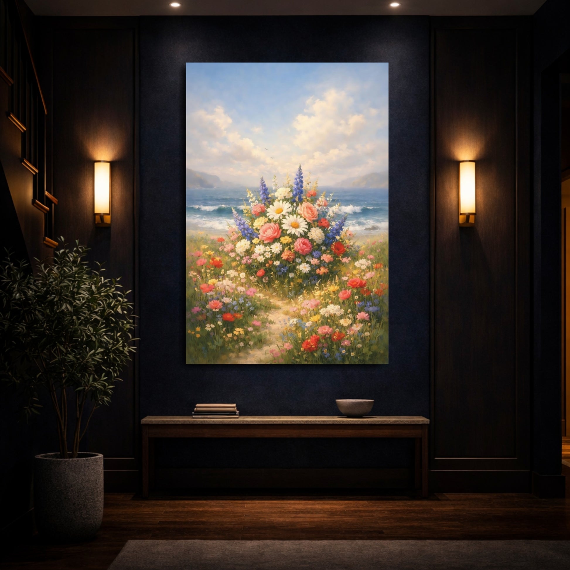 Mockup 3. Floral Wildflower Bouquet Colorful Coastal Floral shown as stretched canvas wall art