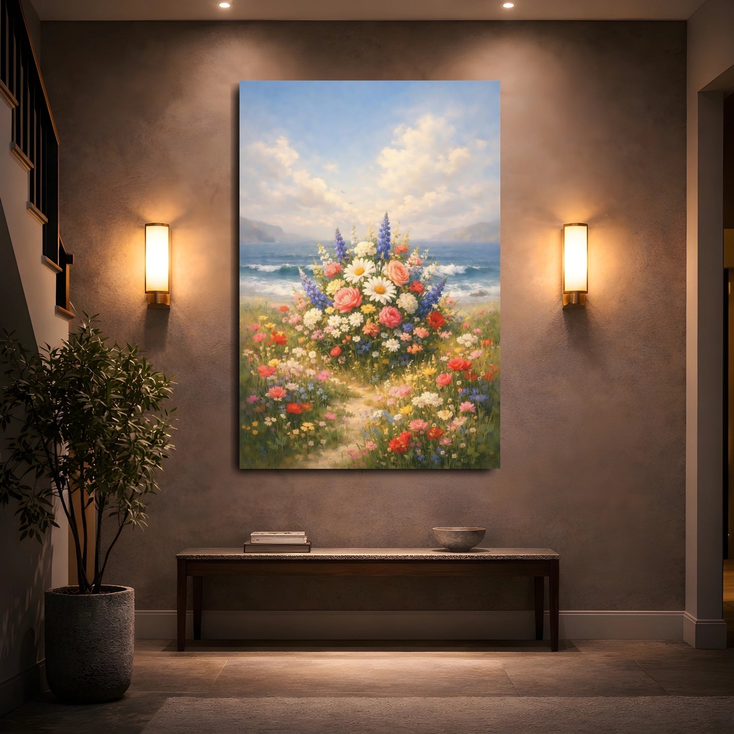 Mockup 4. Floral Wildflower Bouquet Colorful Coastal Floral shown as stretched canvas wall art