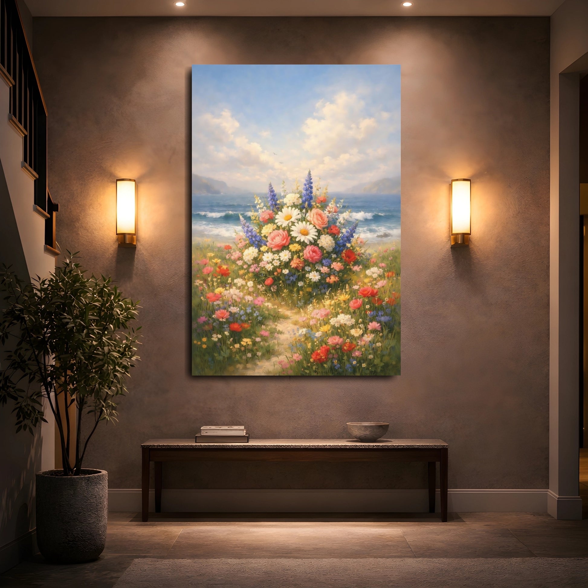 Mockup 4. Floral Wildflower Bouquet Colorful Coastal Floral shown as stretched canvas wall art