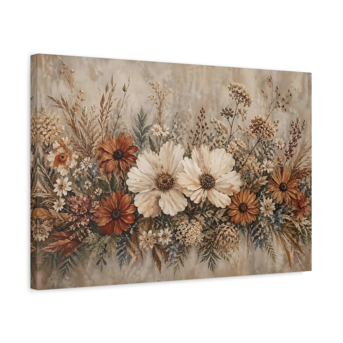 Side Mockup 3. Floral Wildflower Bouquet Earthy Tones Floral shown as stretched canvas wall art