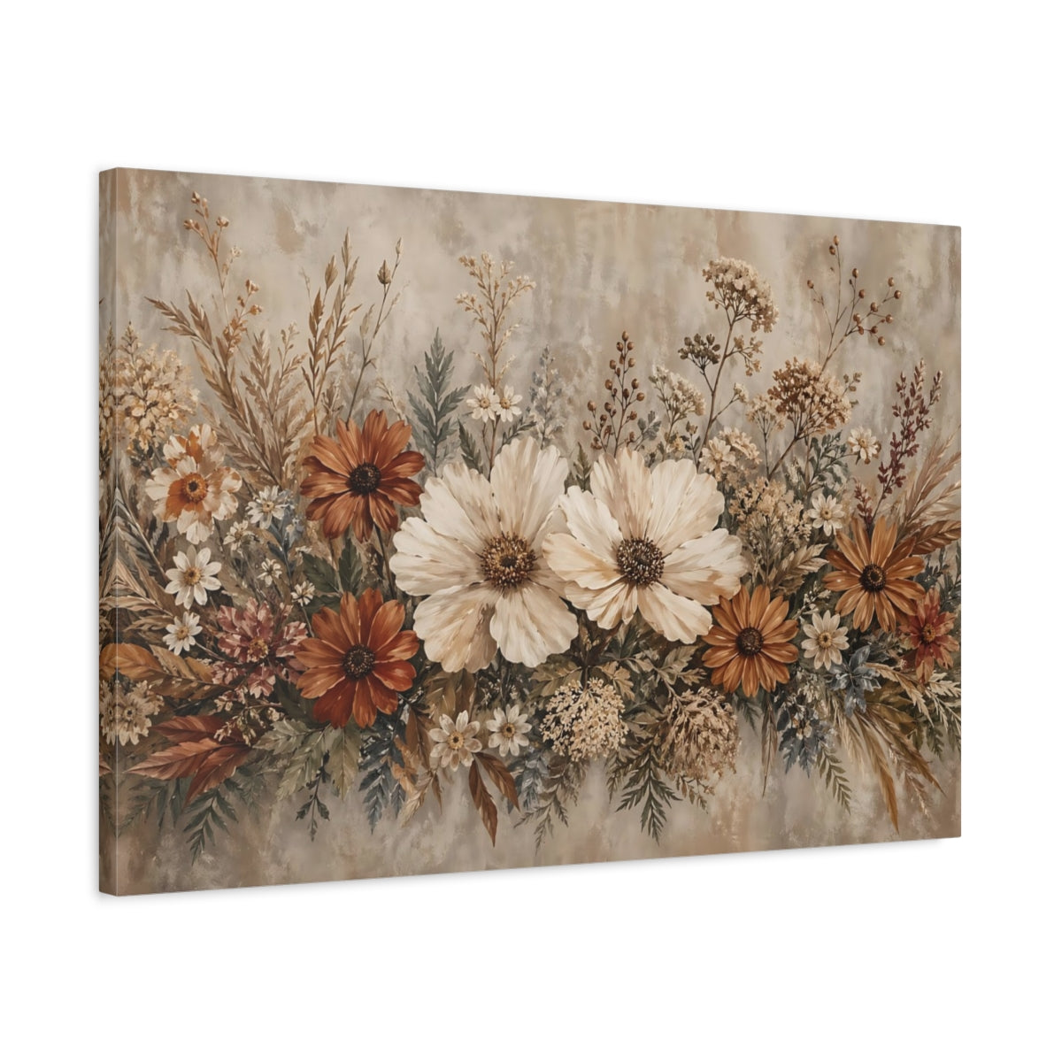 Side Mockup 2. Floral Wildflower Bouquet Earthy Tones Floral shown as stretched canvas wall art