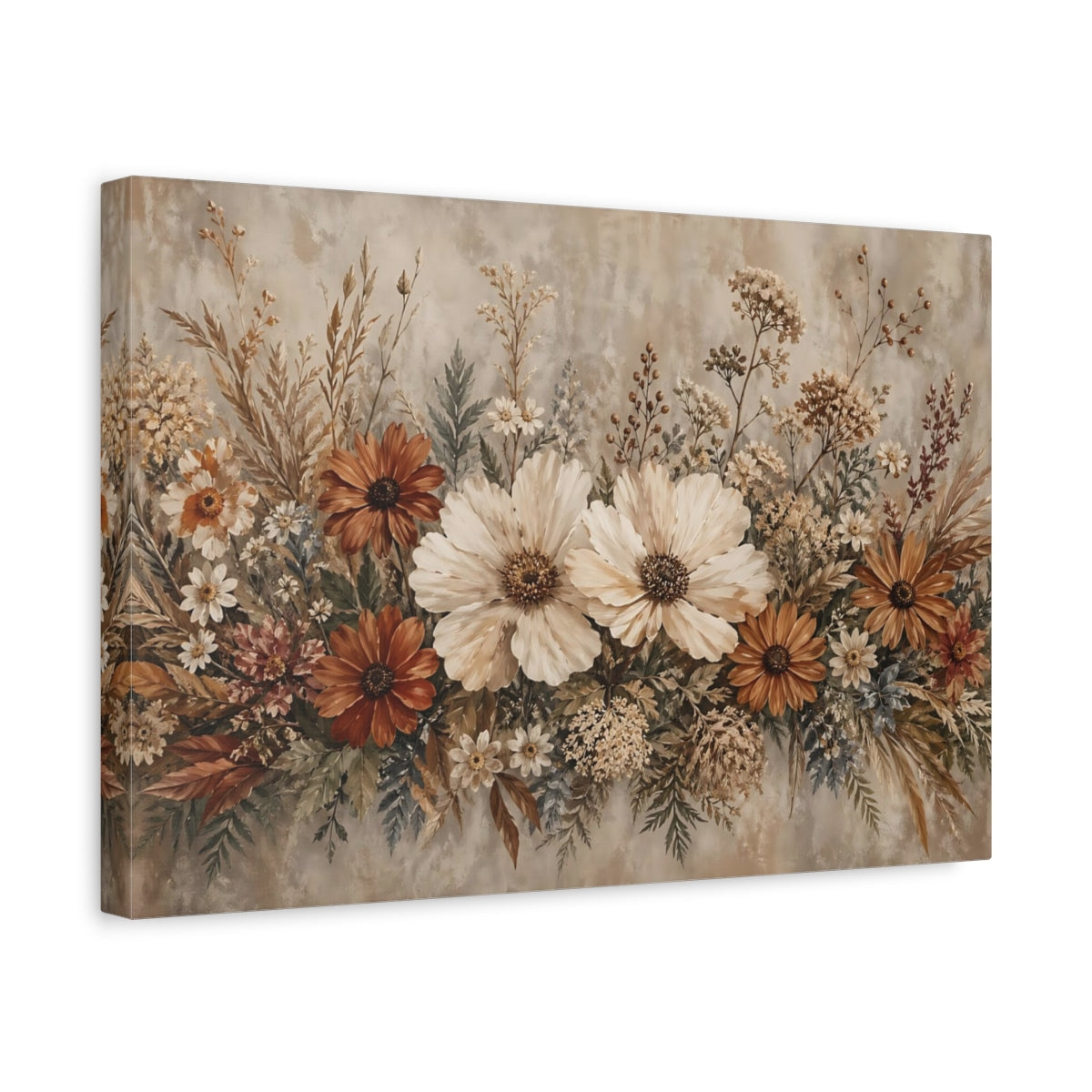 Side Mockup 4. Floral Wildflower Bouquet Earthy Tones Floral shown as stretched canvas wall art