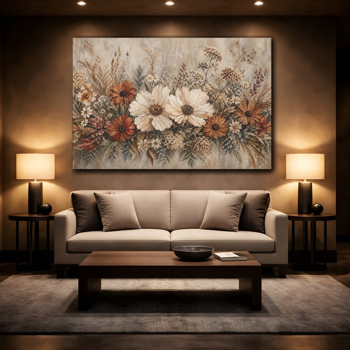 Mockup 2. Floral Wildflower Bouquet Earthy Tones Floral shown as stretched canvas wall art
