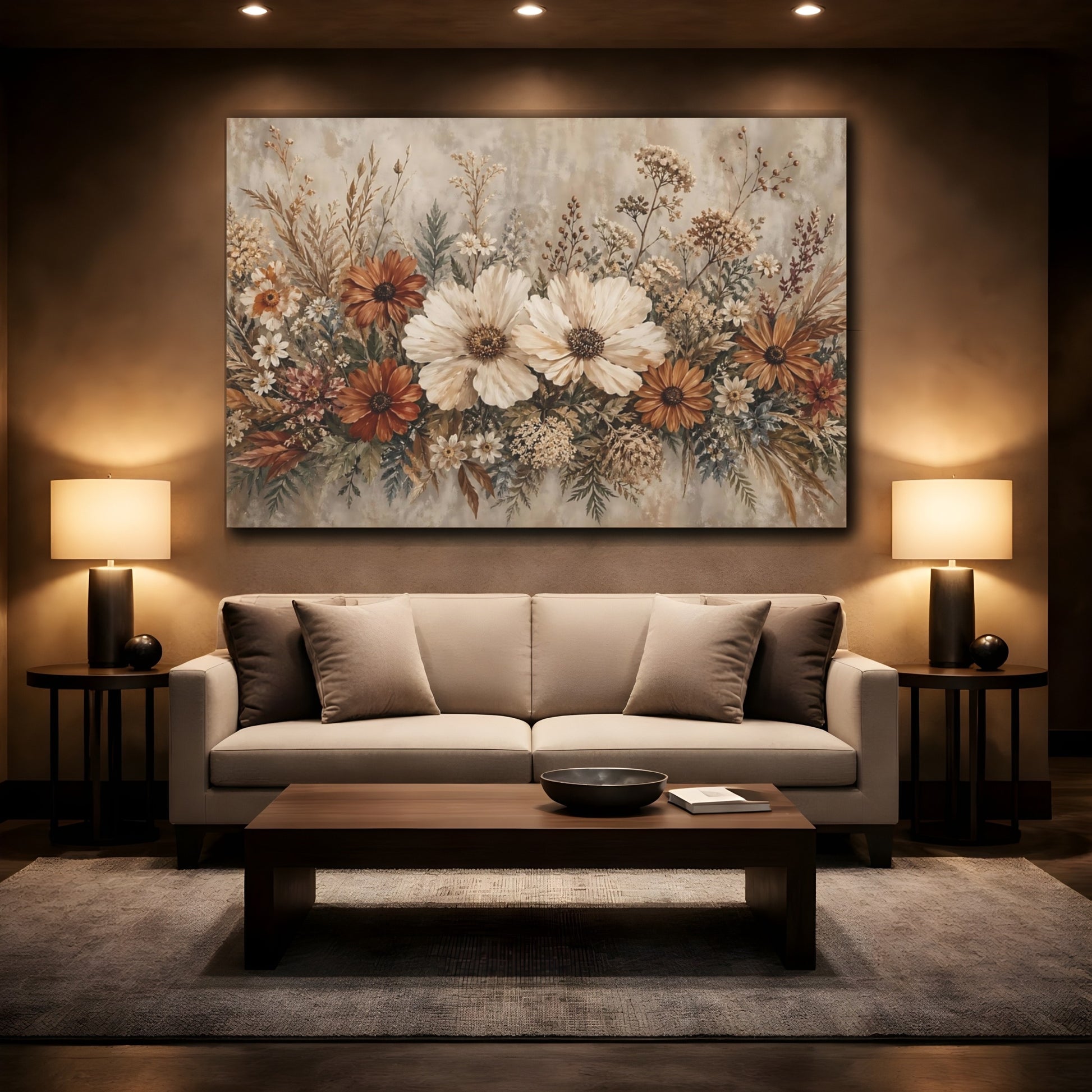 Mockup 2. Floral Wildflower Bouquet Earthy Tones Floral shown as stretched canvas wall art