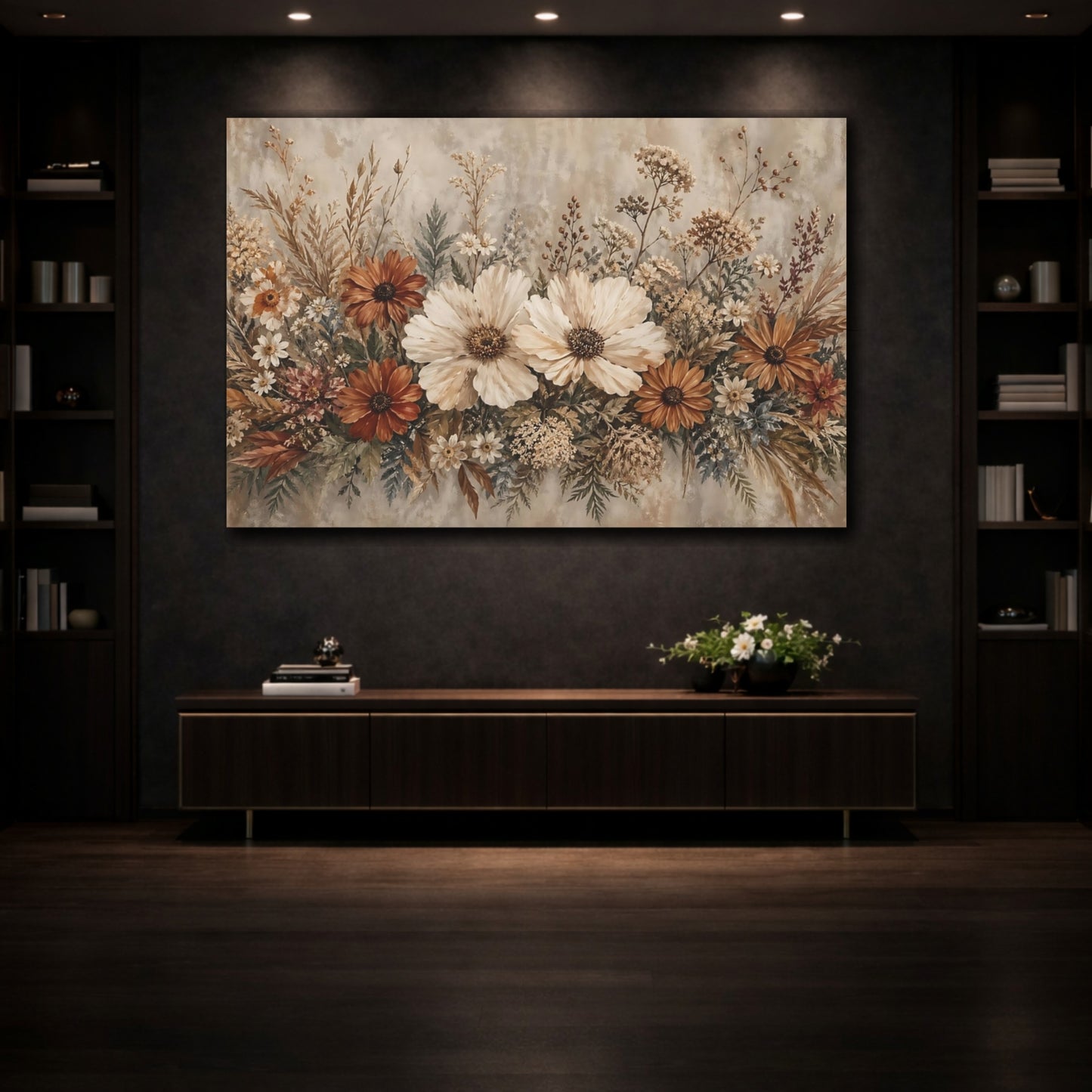 Mockup 3. Floral Wildflower Bouquet Earthy Tones Floral shown as stretched canvas wall art